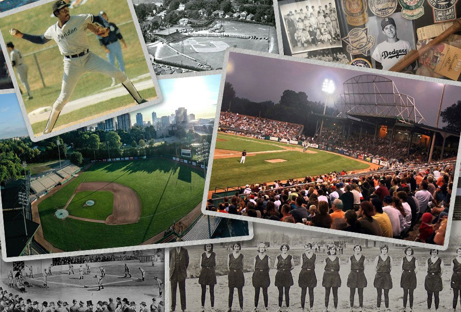 a collage of photos showing baseball players and Labatt Memorial Park